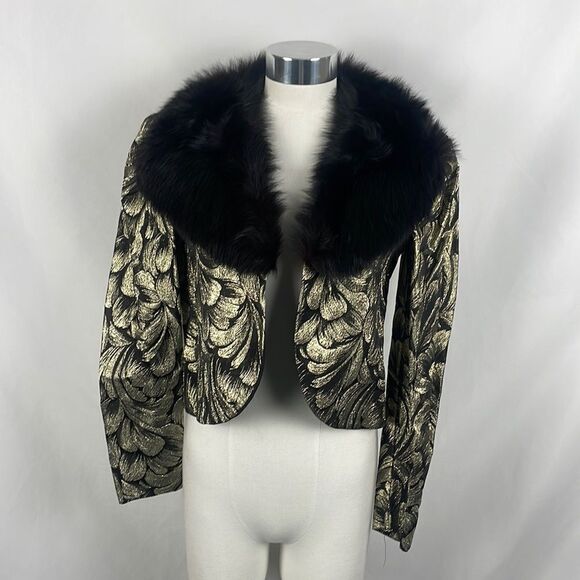Vintage Black Gold Metallic With Fox Trim Jacket